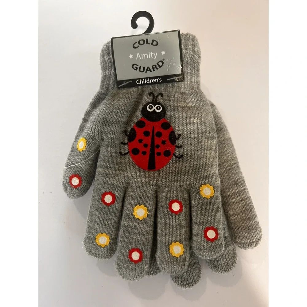 Amity Cold Guard Girls Ladybug Flowers Fashion‎ Knit Gloves Gray Red 5.5